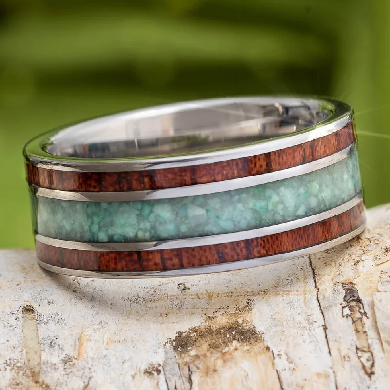 Bubinga Wood Ring with Chrysocolla, Titanium Wedding Band