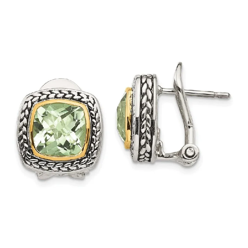 14k Yellow Gold and Sterling Silver Green Quartz Earrings (L-15 mm, W-15 mm)