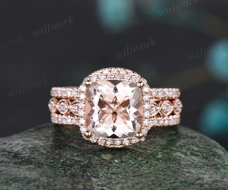 Milgrain Cushion Cut Natural Morganite Engagement Ring Set Vintage Moissanite Halo Half Eternity Wedding Ring Antique 14k Rose Gold 3pcs Bridal Ring Set