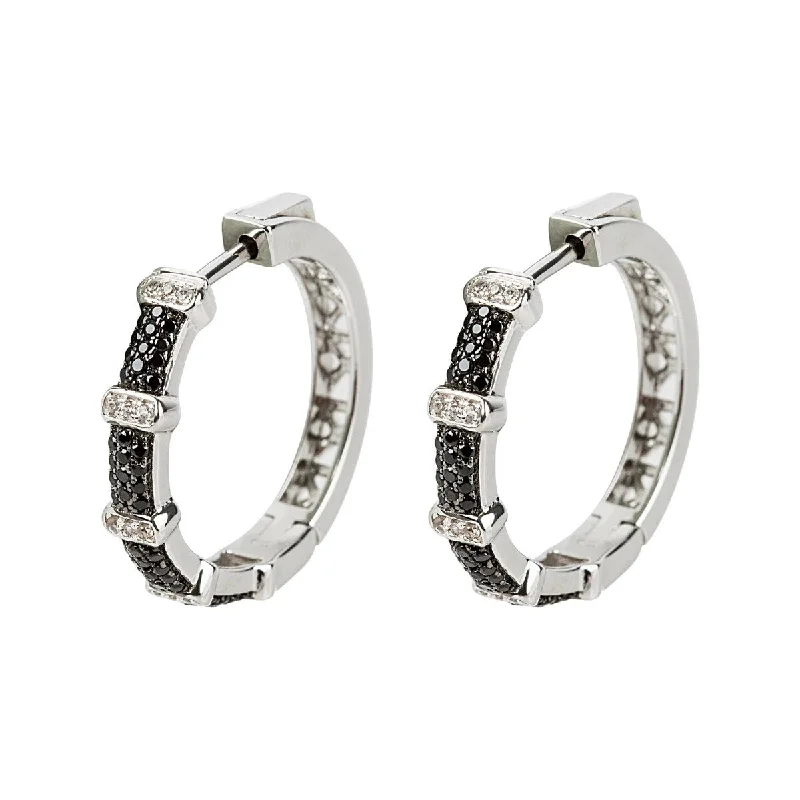 925 Sterling Silver Black Spinel and White Zircon Gemstone Hoop Earrings