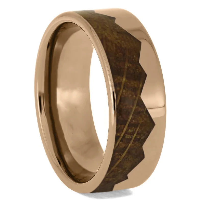 Solid Gold Mountain Ring With Whiskey Barrel Oak Wood Inlay