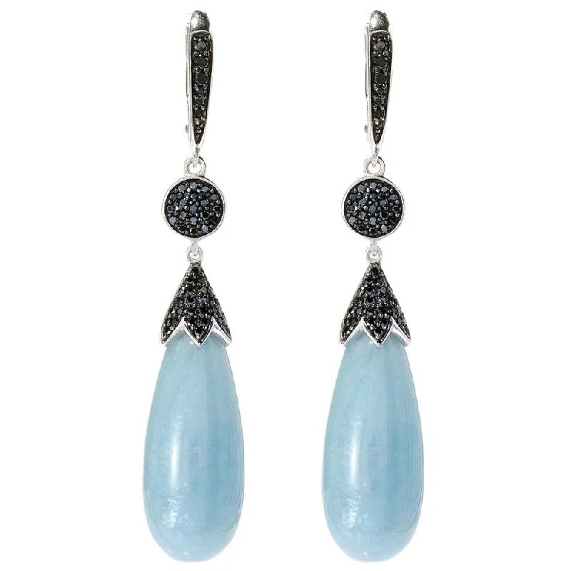 Sterling Silver 2" Aquamarine & Black Spinel Drop Earrings