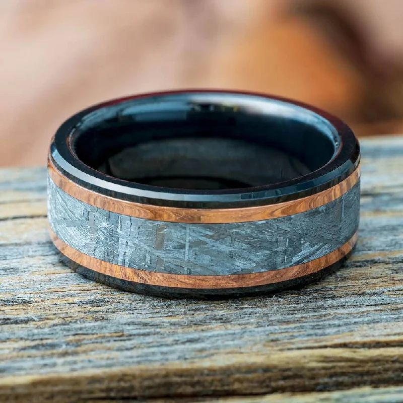 Black Meteorite Ring With Copper Pinstripes