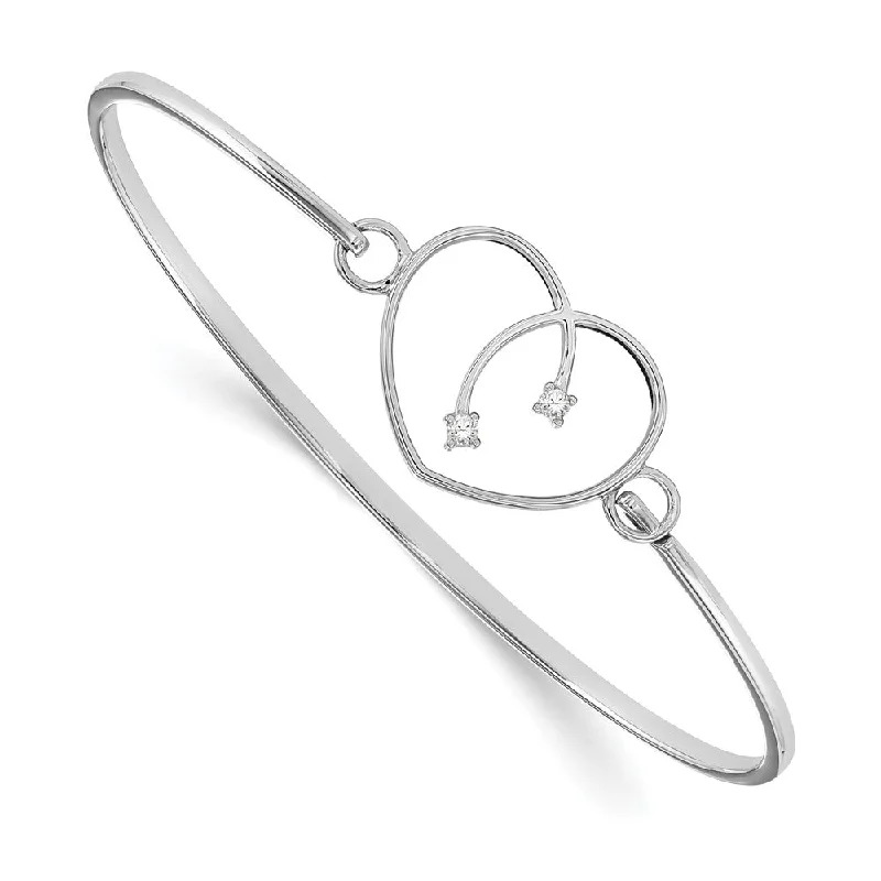 Rhodium Plated Sterling Silver & Diamond 20mm Heart Bangle Bracelet