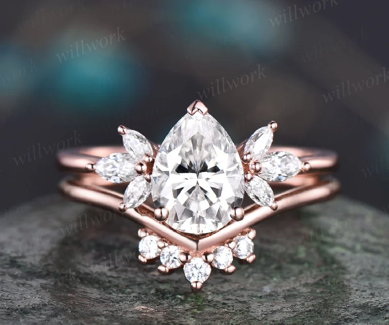 Moissanite ring set Pear shaped Moissanite engagement ring set art deco cluster unique rose gold engagement ring women bridal promise ring