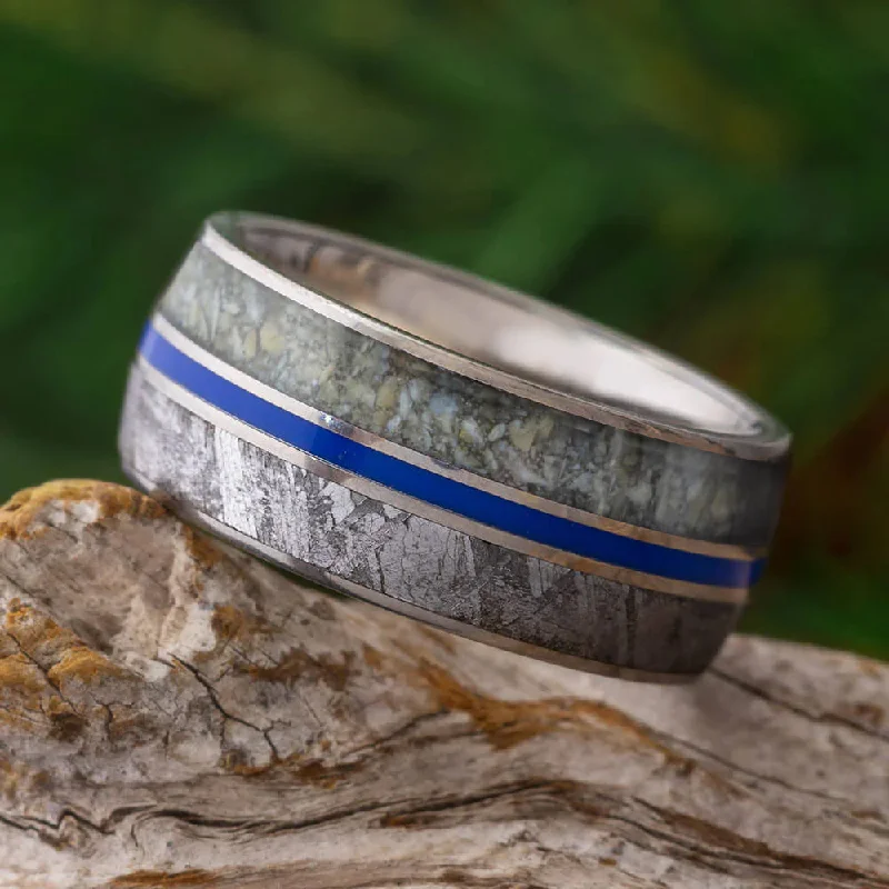 Meteorite and Dinosaur Bone Ring with Blue Enamel Stripe