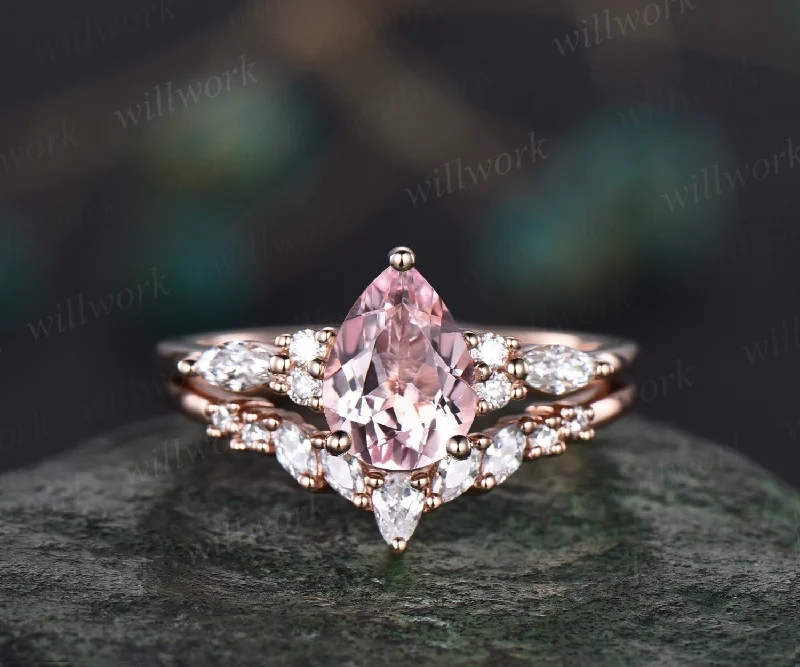 Vintage pear shaped pink morganite engagement ring set 14k rose gold marquise cut dainty diamond ring unique bridal wedding ring set women