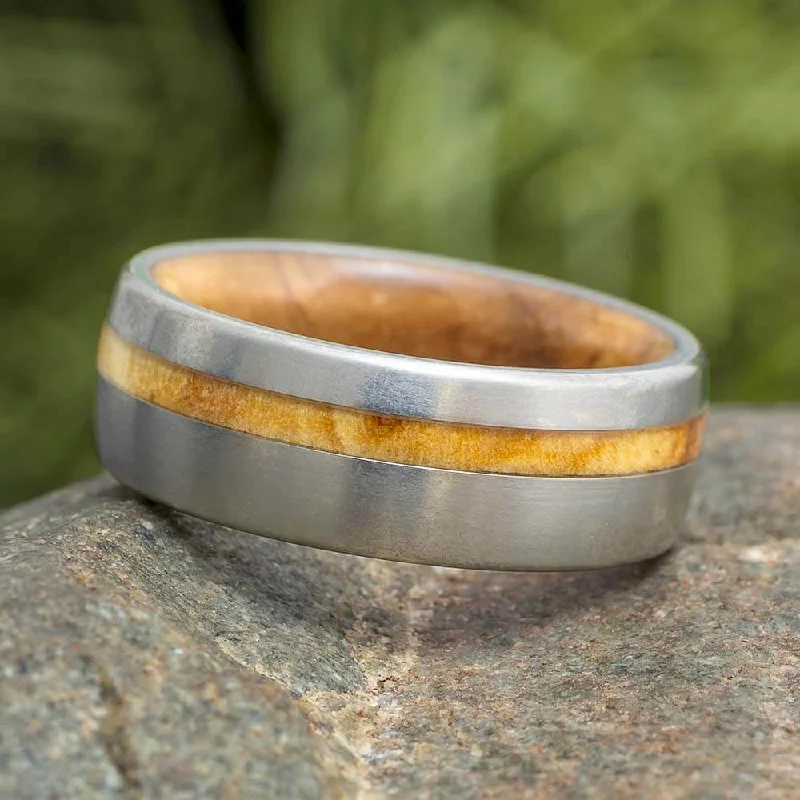 Olive Wood Wedding Ring with Wood Sleeve and Pinstripe-1430