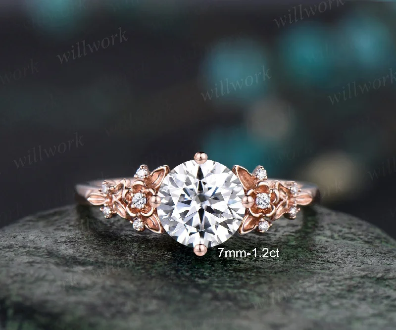 Vintage round cut moissanite engagement ring solid 14k rose gold twig leaf floral cluster diamond promise wedding ring women jewelry gift