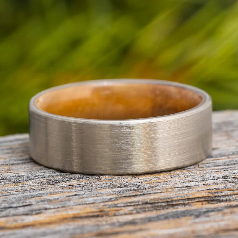 White Gold Wedding Band, Sindora Wood Ring with Brushed Finish