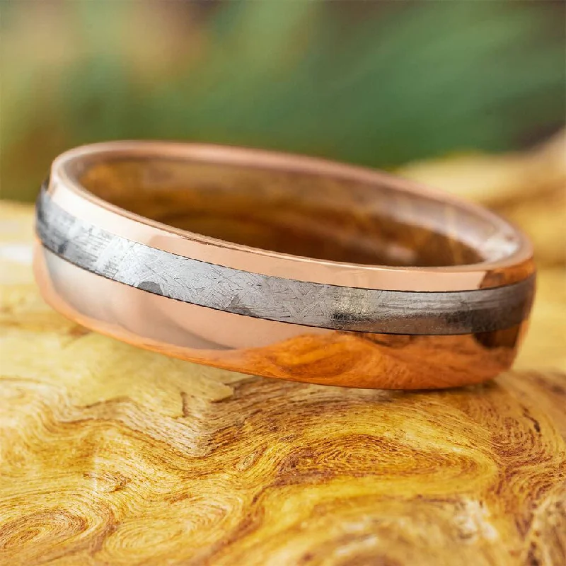 Rose Gold and Meteorite Ring with Whiskey Barrel Oak