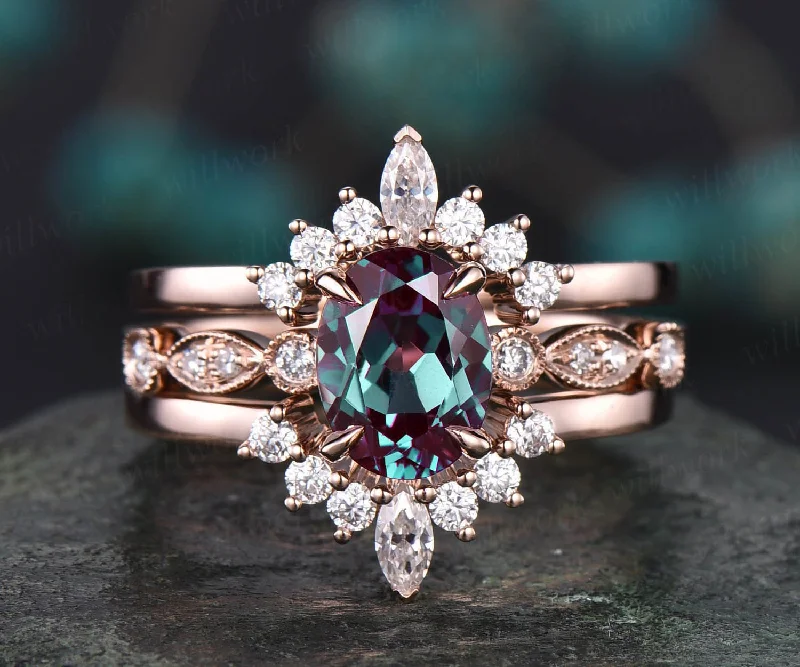 Vintage Alexandrite engagement ring set vintage diamond ring set oval bridal ring set milgrain art deco crown wedding ring set women gift