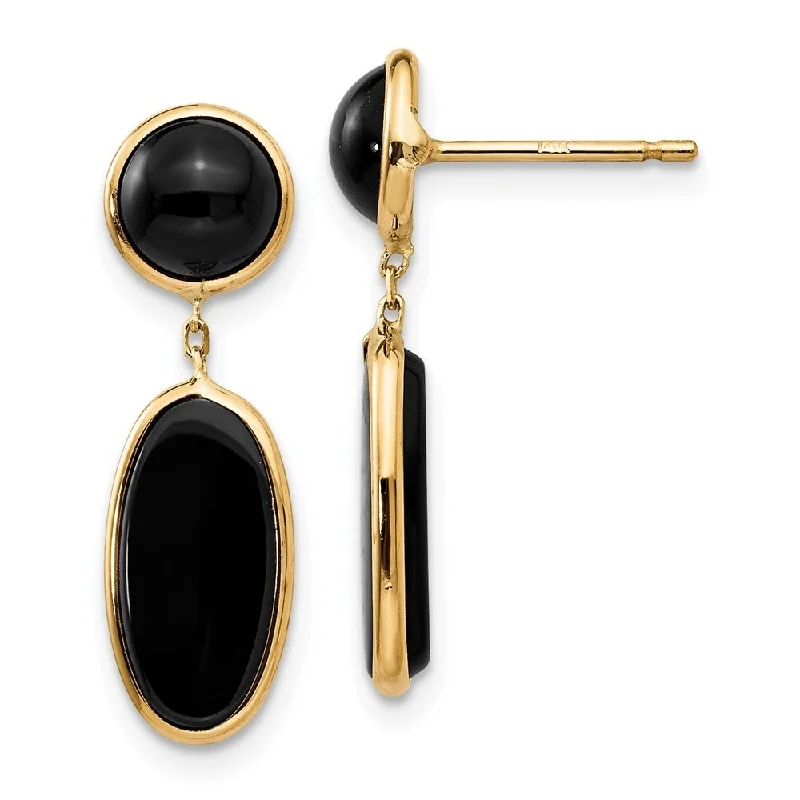 14k Yellow Gold Onyx Oval Dangle Earrings (L-25 mm, W-6 mm)