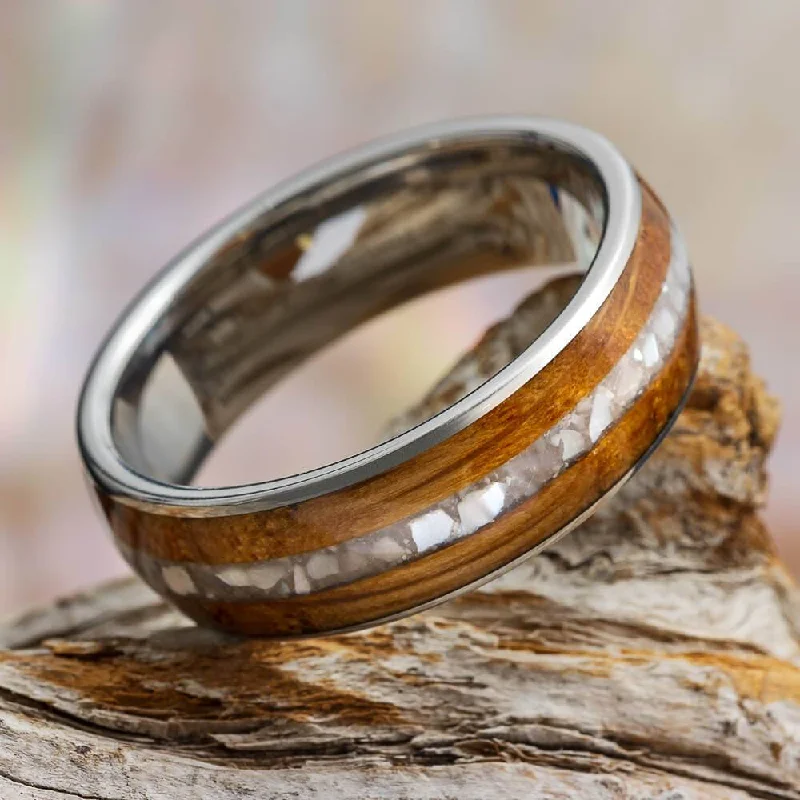 Whiskey Barrel Wood Wedding Band with Crushed Pearl