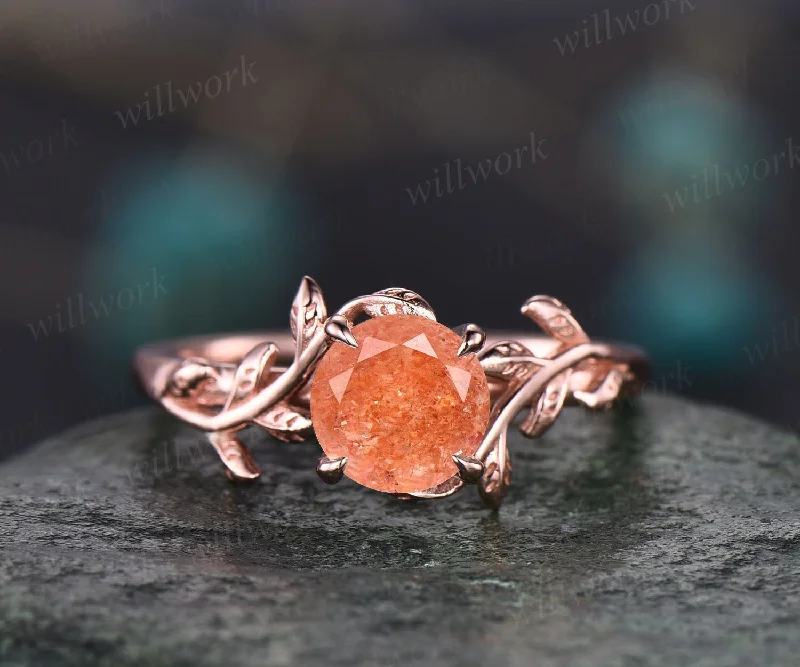 Round cut orange sunstone ring gold unique nature inspired sunstone engagement ring rose gold art deco leaf ring bridal promise ring women