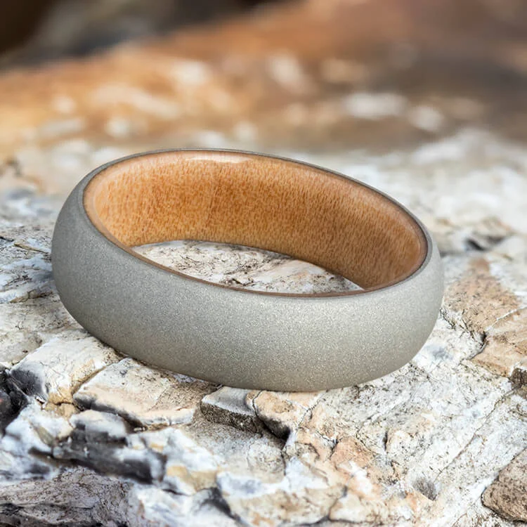 Sandblasted White Gold Ring, Wedding Band With Bamboo Wood Sleeve