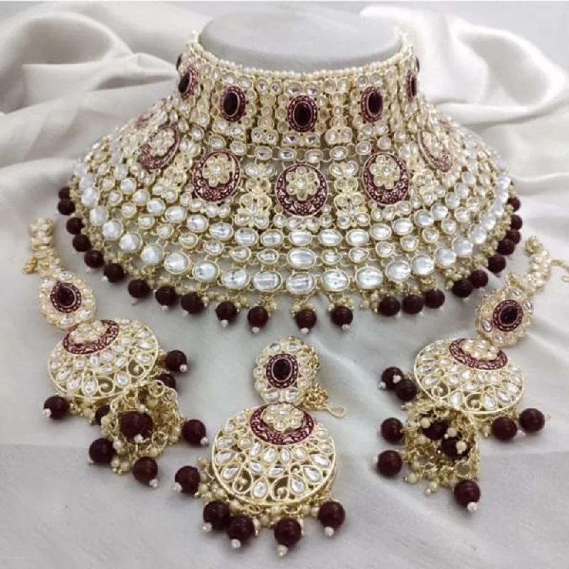 Neetu Art Gold Plated Kundan Stone And Beads Semi Bridal Necklace Set