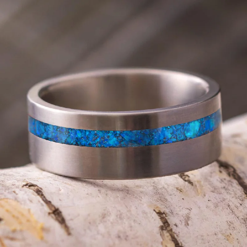 Crushed Synthetic Opal Wedding Band, Matte Titanium Ring