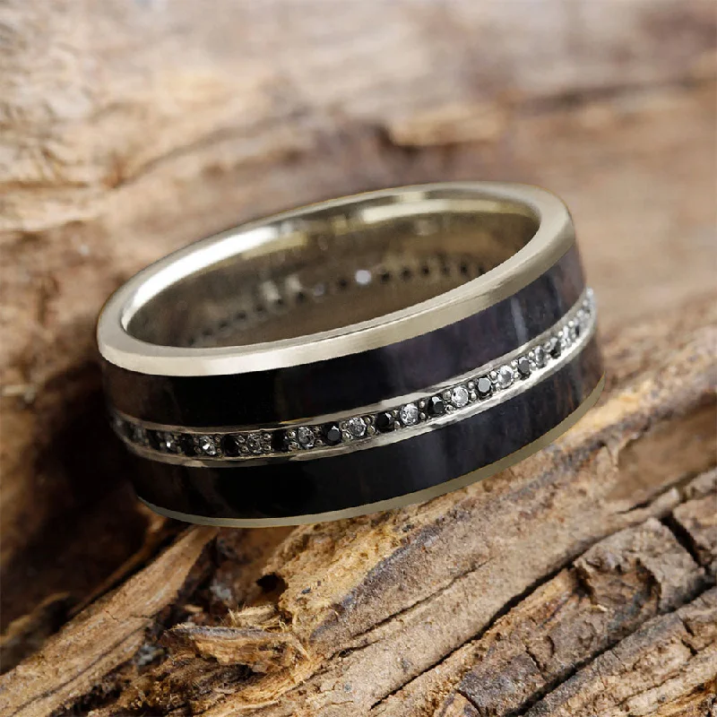 Black & White Diamond Eternity Band with Ebony Wood