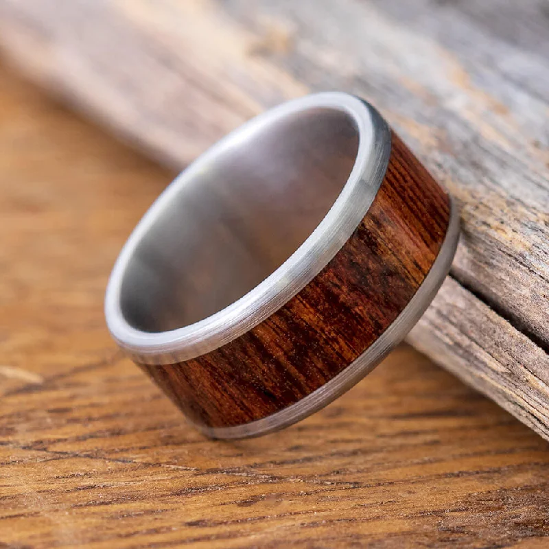 Titanium Wedding Ring with Marble Wood Inlay, Beveled Edge Profile