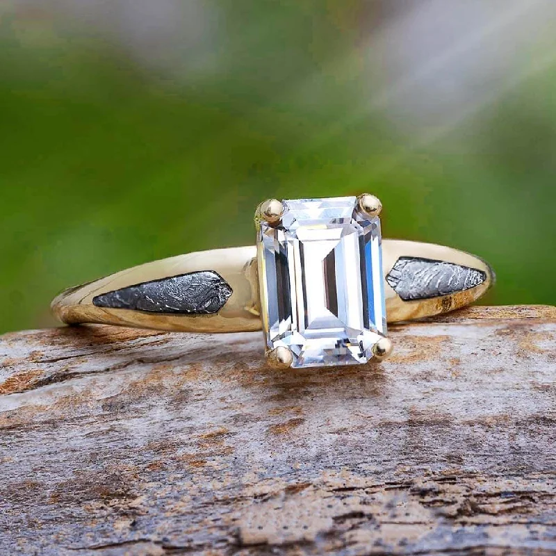 Emerald Cut Engagement Ring with Authentic Meteorite