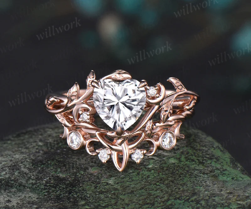 Vintage heart moissanite engagement ring rose gold twig leaf Nature inspired moon diaomnd Celtic knot wedding ring set