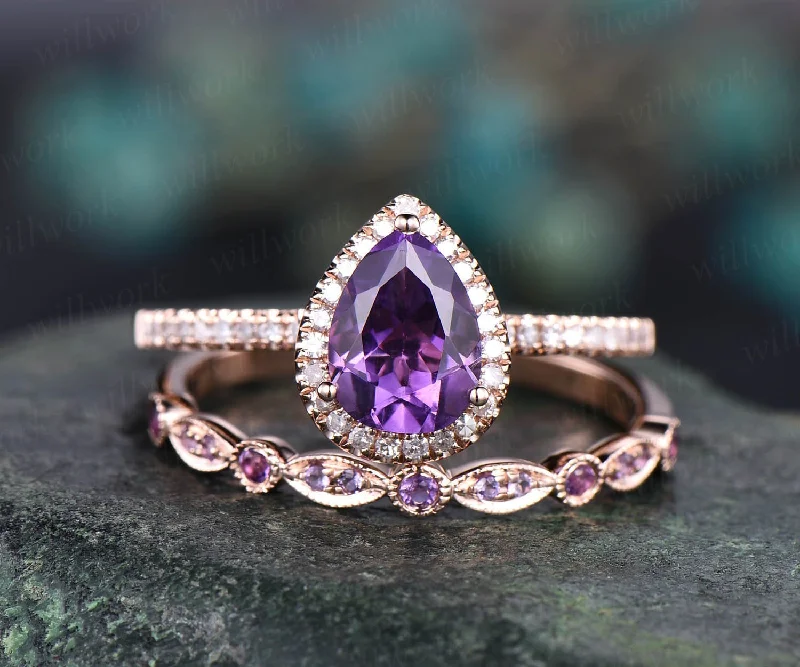 Amethyst engagement ring solid 14k White rose gold pear cut engagement ring amethyst wedding ring 2pc bridal set birthstone anniversary gift