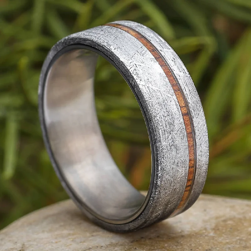 Meteorite Ring with Thin Koa Wood Pinstripe Over Titanium