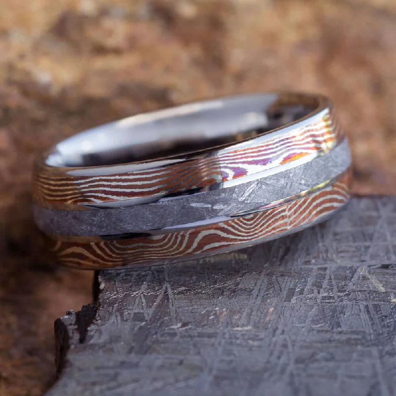 Mokume Men's Wedding Band, Meteorite Ring With Titanium