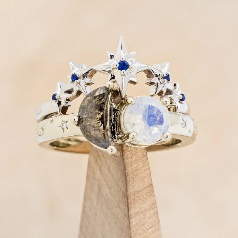 "SIDRA" - TOI ET MOI ROUND MOONSTONE ENGAGEMENT RING WITH A CRESCENT MOON SALT & PEPPER DIAMOND ACCENT & TRACER