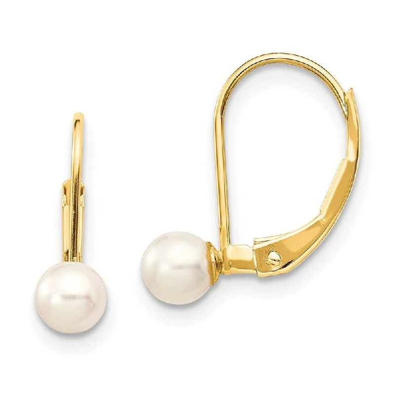 14k Yellow Gold White Pearl Dangle Earrings w/ Leverback (L-4 mm, W-5 mm)