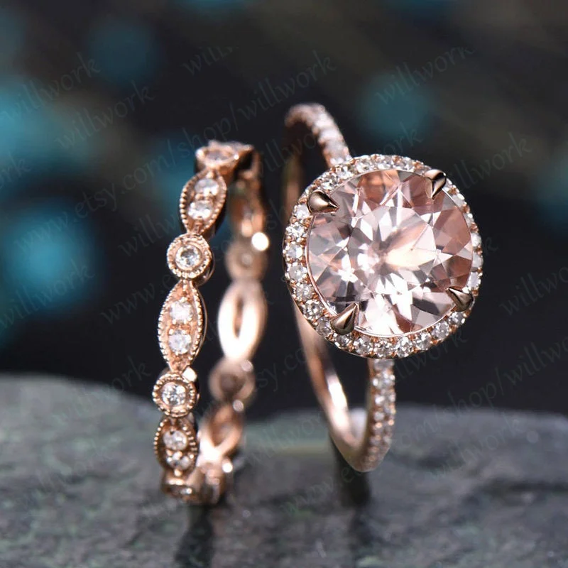 Vintage unique round cut Morganite engagement ring set solid 14k rose gold halo full eternity marquise diamond promse wedding ring set women