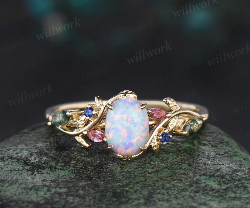 Oval white opal engagement ring yellow gold leaf branch moss agate sapphire Pink tourmaline ring vintage unique anniversary gift