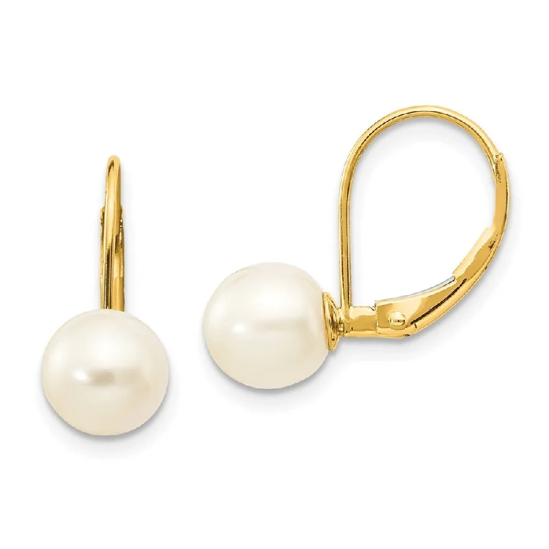 14k Yellow Gold Pearl Lever back Earrings (L-17 mm, W-7.5 mm)