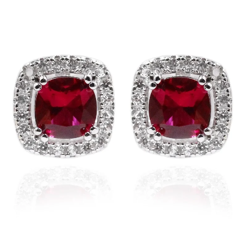 925 Sterling Silver Created Ruby and Created White Sapphire Stud Earrings