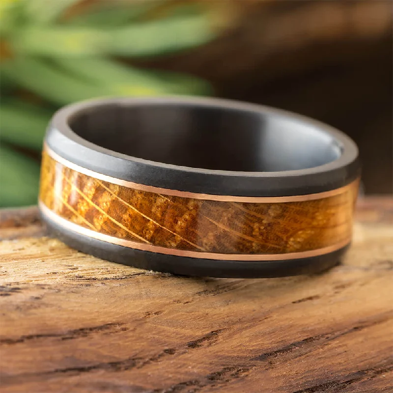 Black Zirconium Ring with Whiskey Barrel and Rose Gold Pinstripes