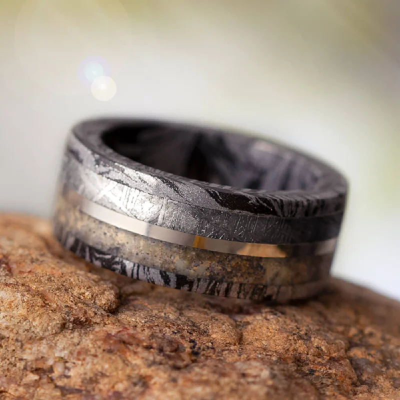 Black & White Mokume Gane Ring with Meteorite, Dinosaur Bone