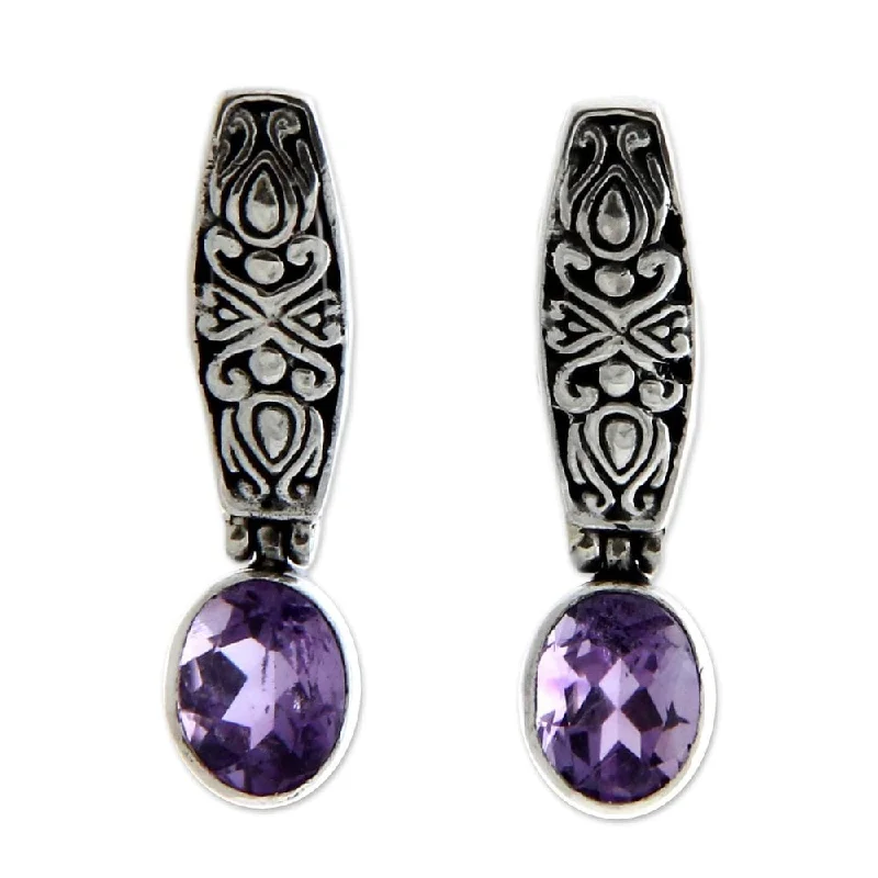 NOVICA Amethyst Drop Earrings, 'Pura Dalem' (Indonesia) - Silver - 1.2*0.3