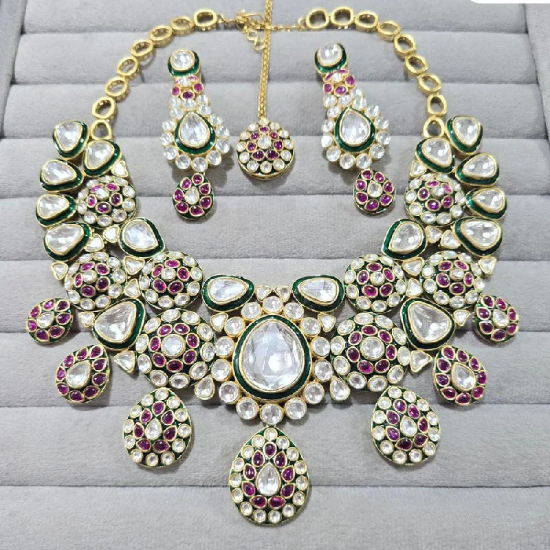 JCM Gold Plated Polki Kundan Stone And Meenakari Necklace Set