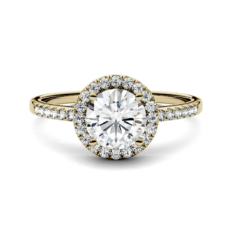 Charles & Colvard Moissanite Halo Engagement Ring in Yellow Gold