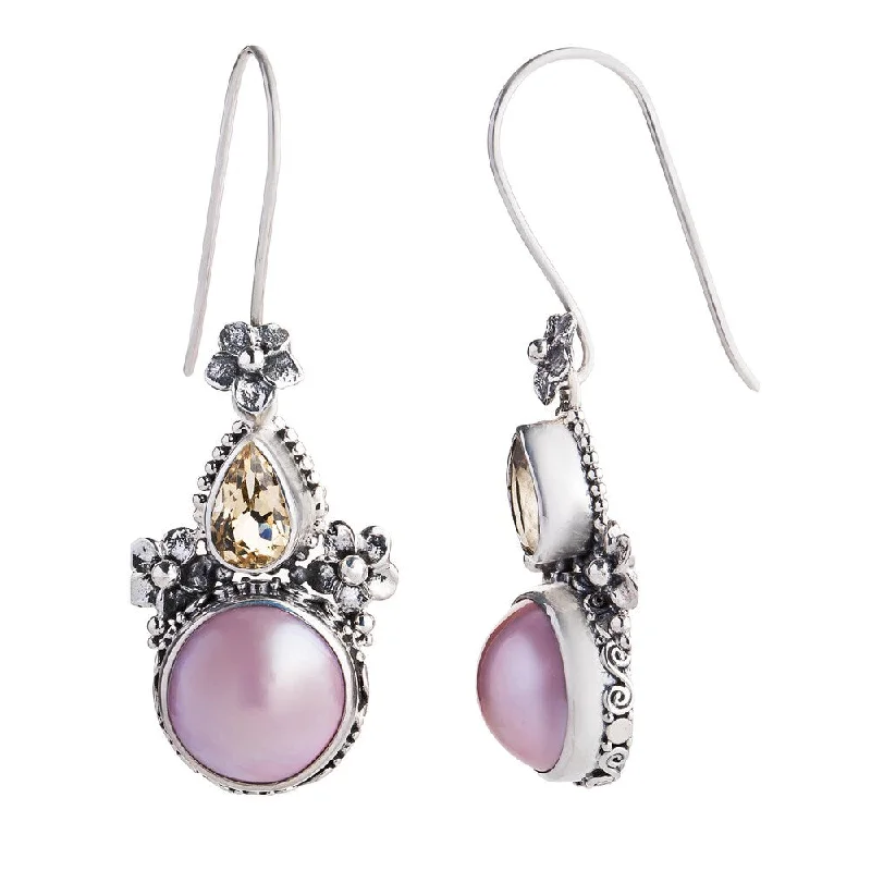 Handmade Sweet Frangipani Pink Freshwater Pearls and Citrines 925 Sterling Silver Womens Dangle Earrings (Indonesia)