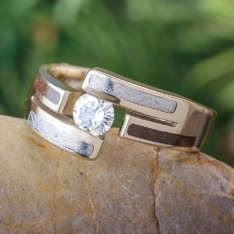 Gold Engagement Ring with Meteorite and Dinosaur Bone