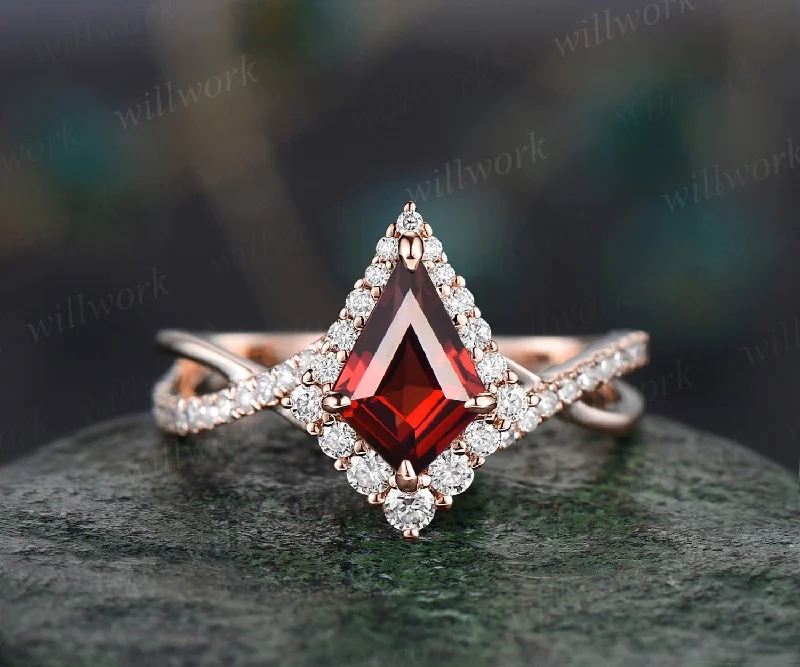 Vintage kite cut natural garnet engagement ring rose gold eternity infinity Twisted snowdrift halo diamond wedding bridal ring women gift