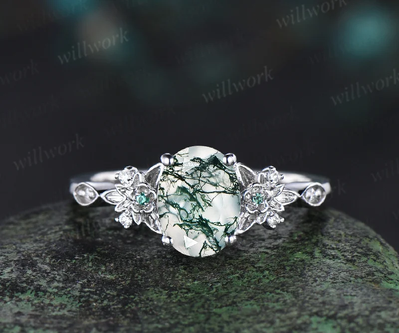 Oval cut natural moss agate ring vintage floral leaf emerald ring antique 14k white gold Engagement Ring gift for women