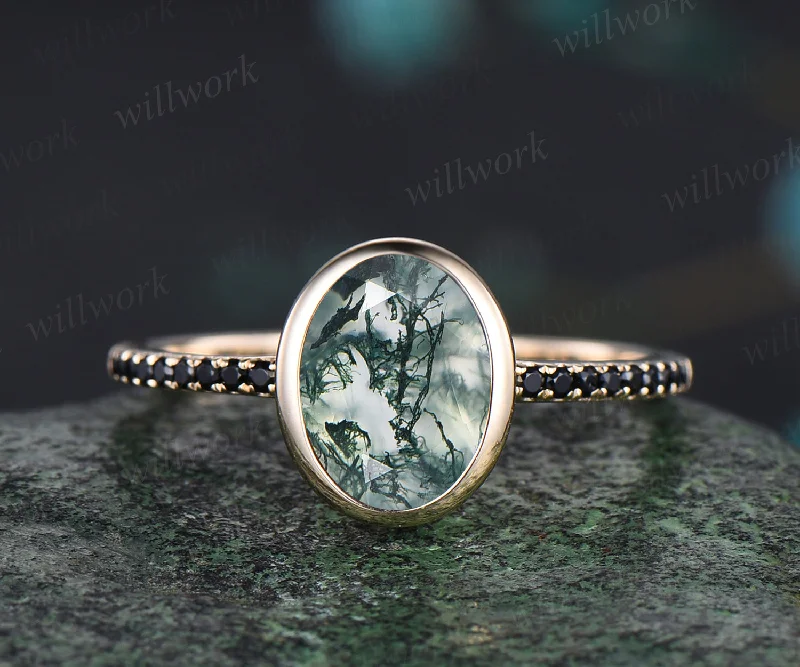 Oval Cut Natural Moss Agate Engagement Ring Unique Black Spinel Diamond Half Eternity Ring Bezel Set Promise Ring