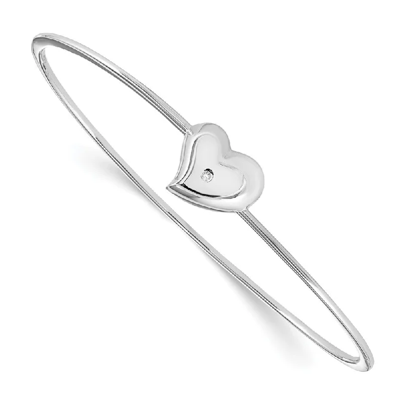 Rhodium Plated Sterling Silver & Diamond Offset Heart Bangle Bracelet