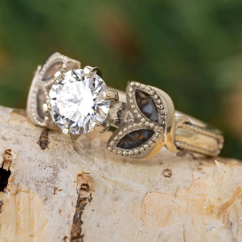 Floral Engagement Ring with Dinosaur Bone