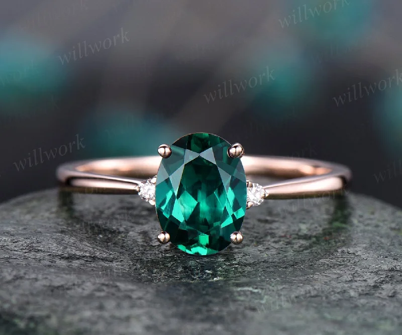 Oval emerald engagement ring for women rose gold three stone engagement ring real diamond ring May birthstone ring vintage anniversary gift