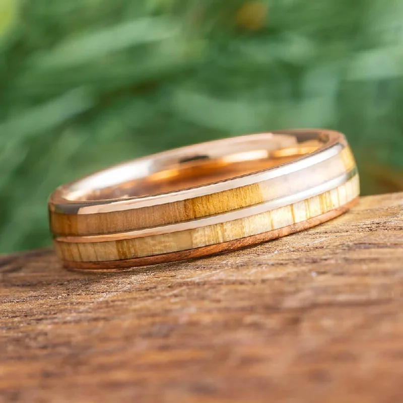 Oak and Olive Wood Wedding Band in 14k Rose Gold