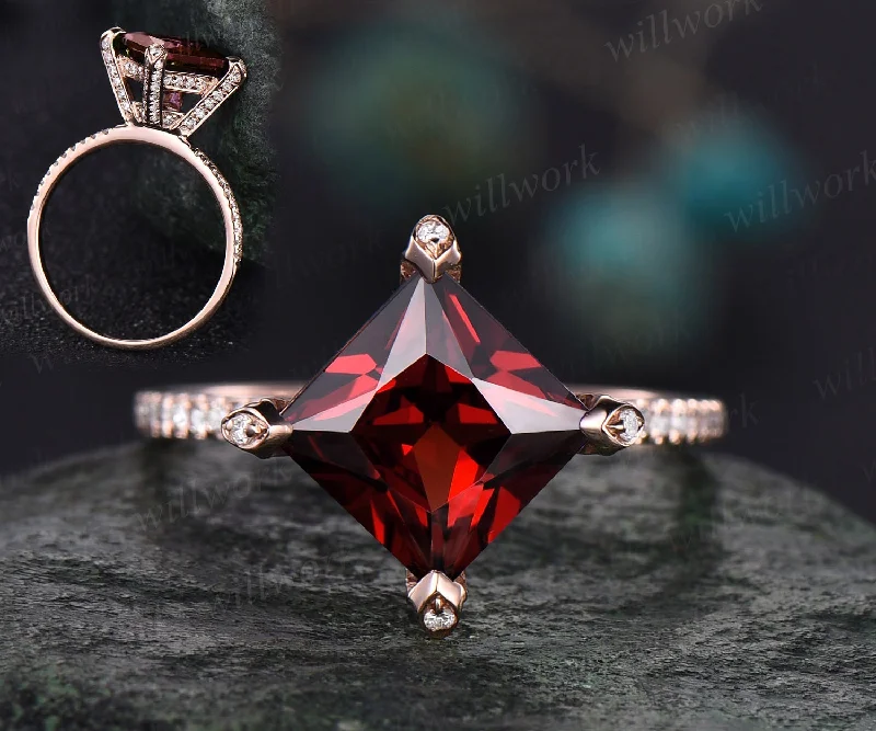 Unique princess cut red garnet engagement ring 14k rose gold pyramid under halo basket diamond ring vintage half eternity wedding ring women